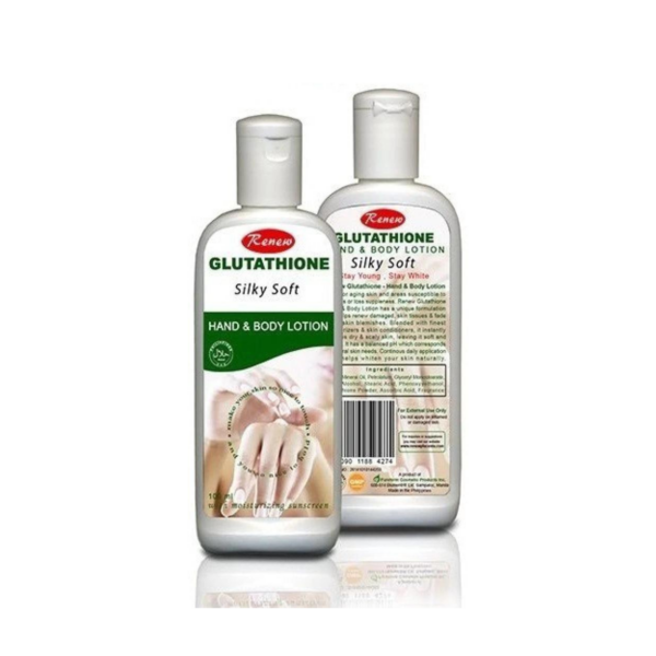 Description Renew Glutathione Silky Soft Hand & Body Lotion 100ml: Renew Glutathione Lotion has a unique formulation that helps renew damaged skin tissues & fade away skin blemishes. Blended with finest moisturizers & skin conditioners it instantly relieves dry & scaly skin. Leaving it soft and supple. It has a balanced pH which corresponds to natural skin needs.